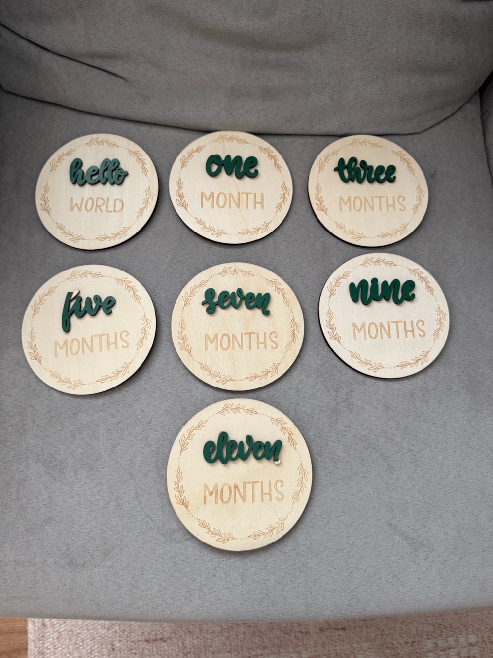 Wooden Monthly Milestone Discs with Green Script